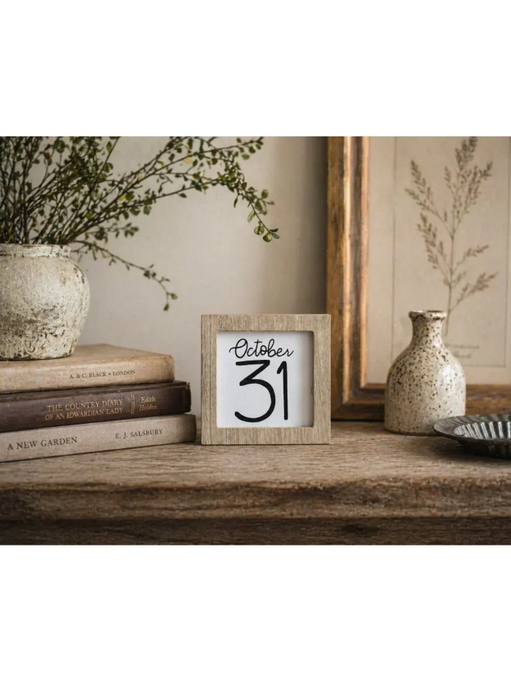 Halloween Mini Hanging October 31 Sign Wooden Frame Accent Rustic Black White